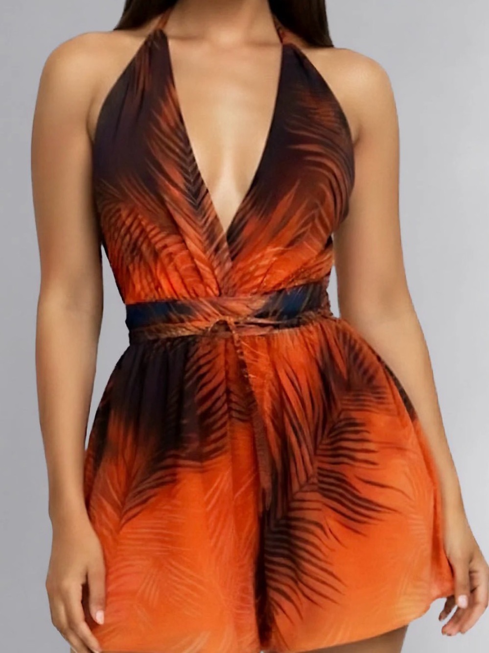 Hot Miami Styles Orange Palm Print Halter Tie-Up Romper